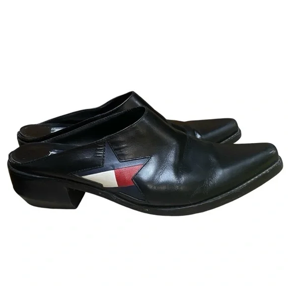 VTG y2k Tommy Hilfiger Black Slip On Mules With Logo On Side Size 6 - Picture 1 of 10